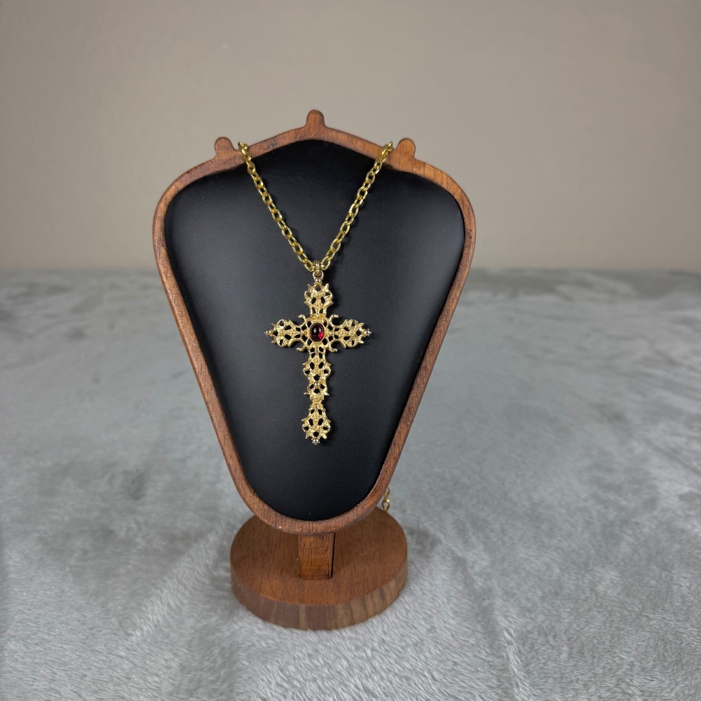 Avon Vintage Ornate Filigree Cross Necklace Women 24 Inch Gold Tone